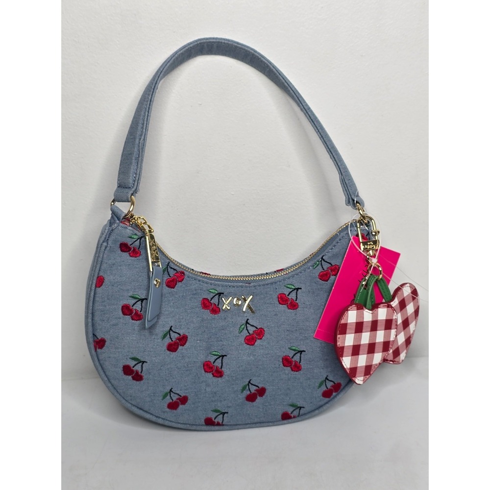 Betsey Johnson Cherry Print Crescent Hobo Bag Rock Chick Purse Denim Blue NEW
